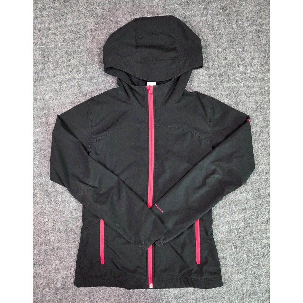 Columbia Hooded Softshell Jacket Girls Size 14/16 Black Pink Omni-Shield Fleece